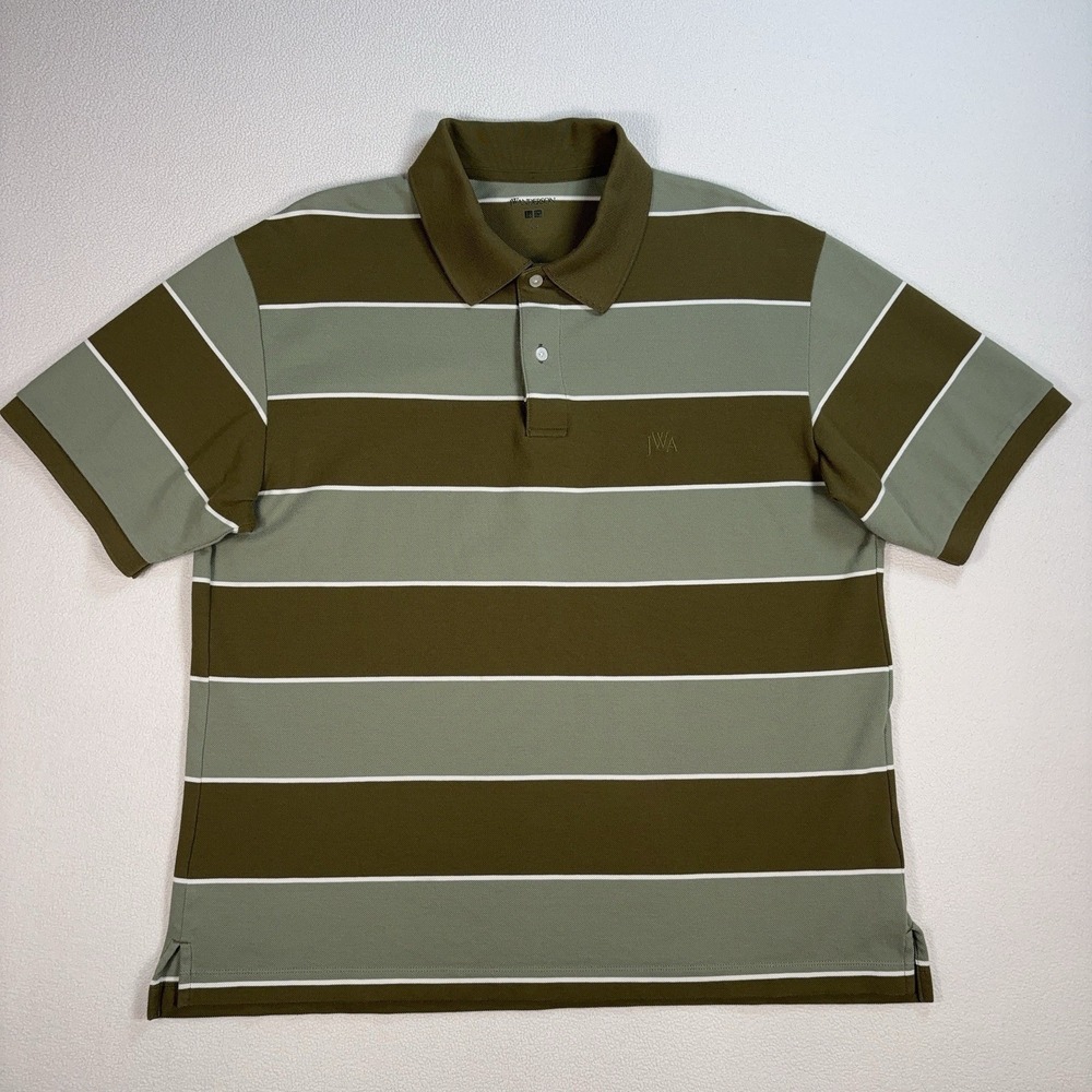 Uniqlo JW Anderson Dry‎ Pique Polo Shirt Men's L Green Stripe Relaxed Fit Logo